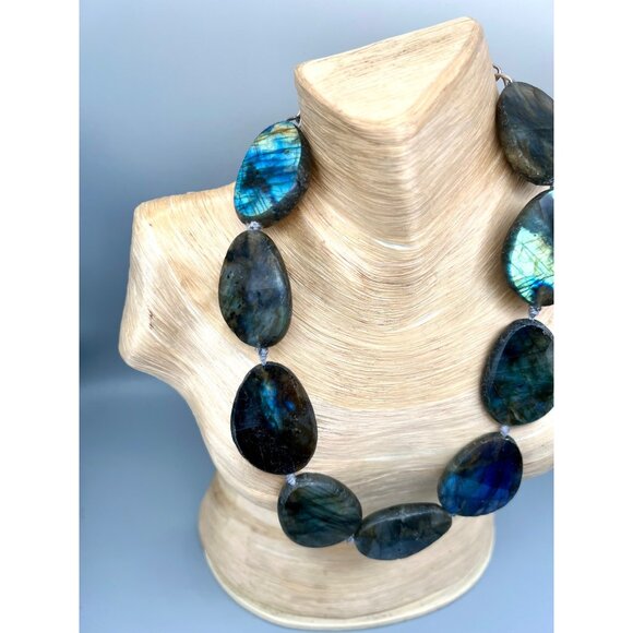 Labradorite Statement Necklace Polished Faceted Madagascar 17-21" Crystals - Picture 5 of 12